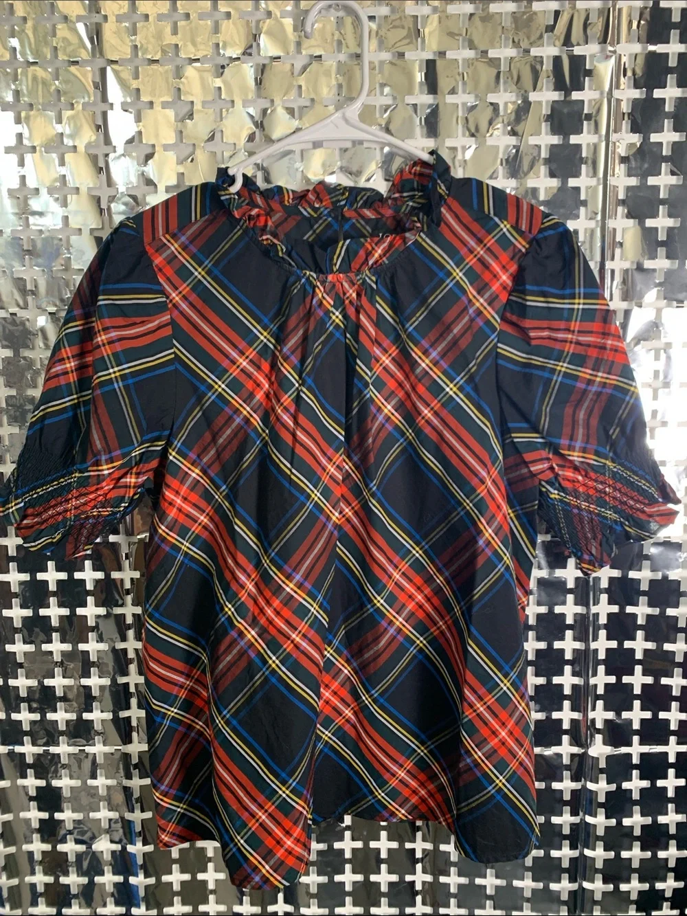 J. Crew Navy Plaid Peasant Blouse with Red and Yellow Accents